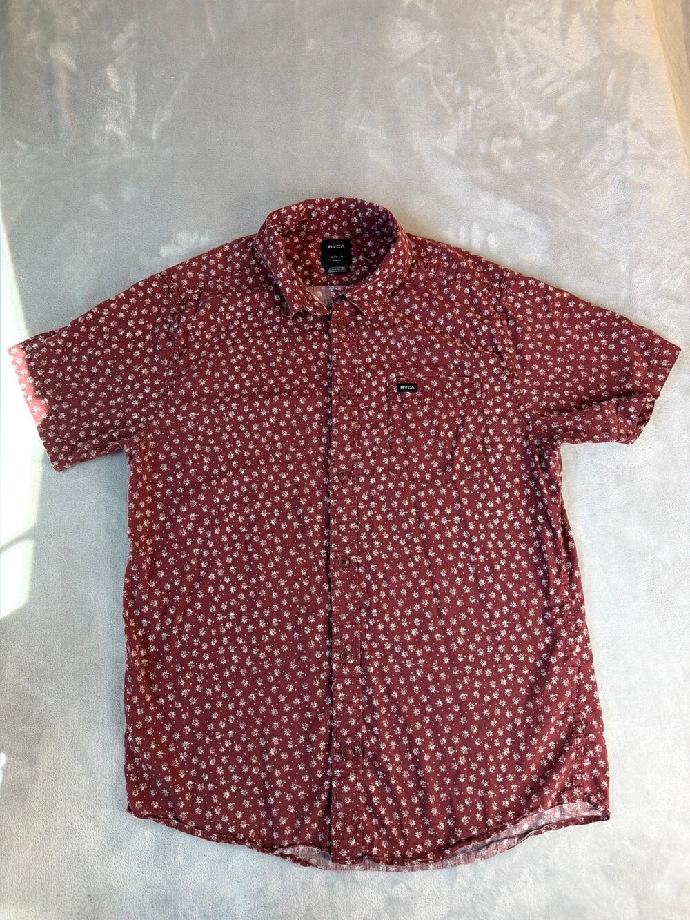 RVCA Ficus Floral Short Sleeve Button Up Shirt Men's Medium Slim Fit Maroon M